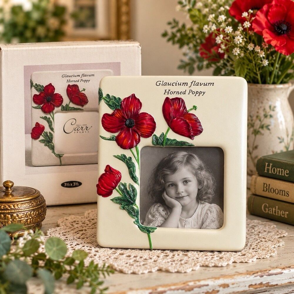 Carr Botanical Garden Horned Poppy 3.5x3.5 Photo Frame Red Floral w Box 2000 Vtg